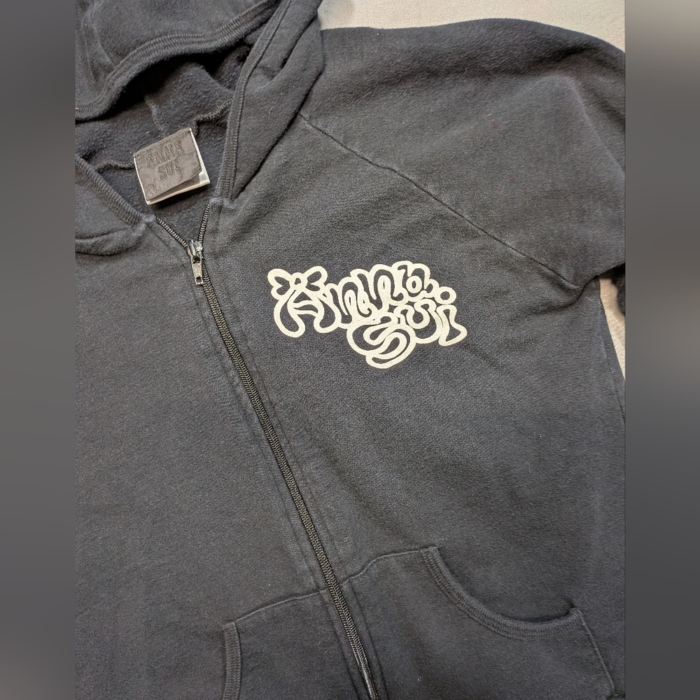 Anna Sui Kids Charcoal Zip-Up Hooded Sweat Jacket, Front and Back Image Girls Lg